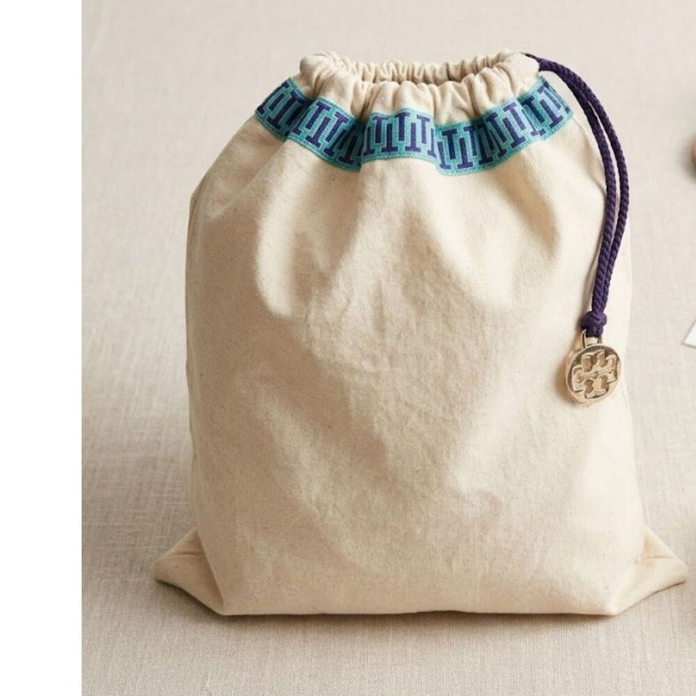 Tory Burch Drawstring Dust Bags  Set of 2 Authentic Cream Blue T Logo Gold Charm
